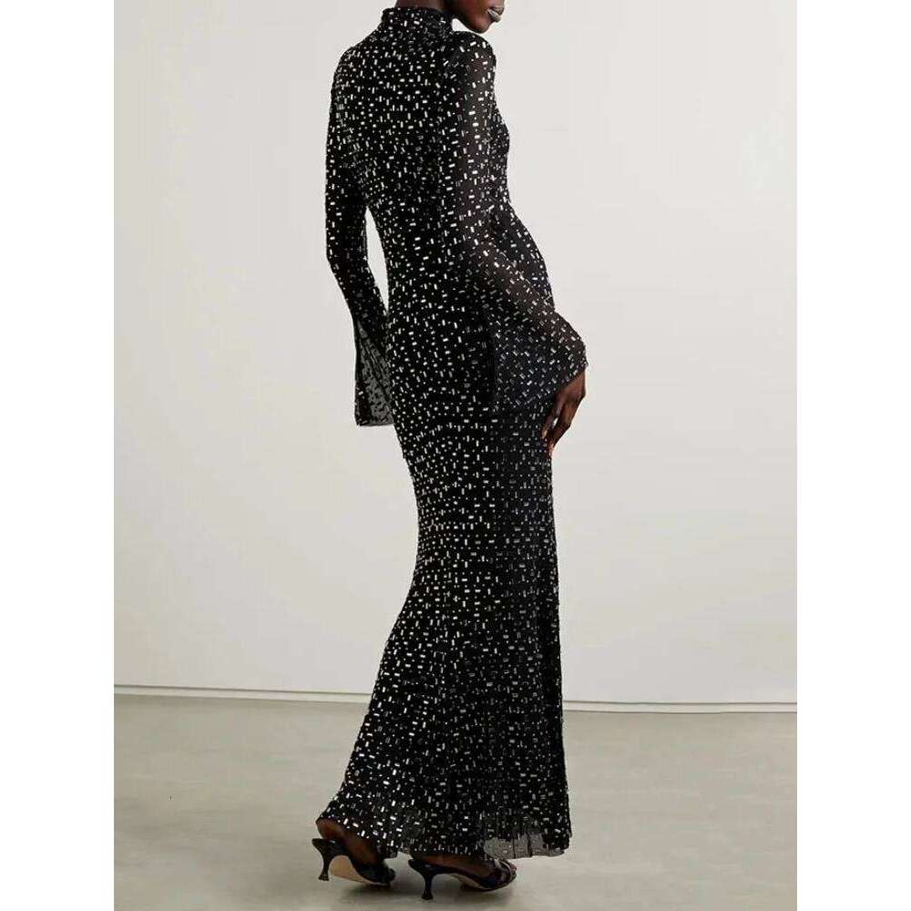 Sexy Turtleneck Sleeve Mesh Crystal Dia Long Dress Women Black Bright Rhinestone Beads Slim Dresses Evening Party Gowns