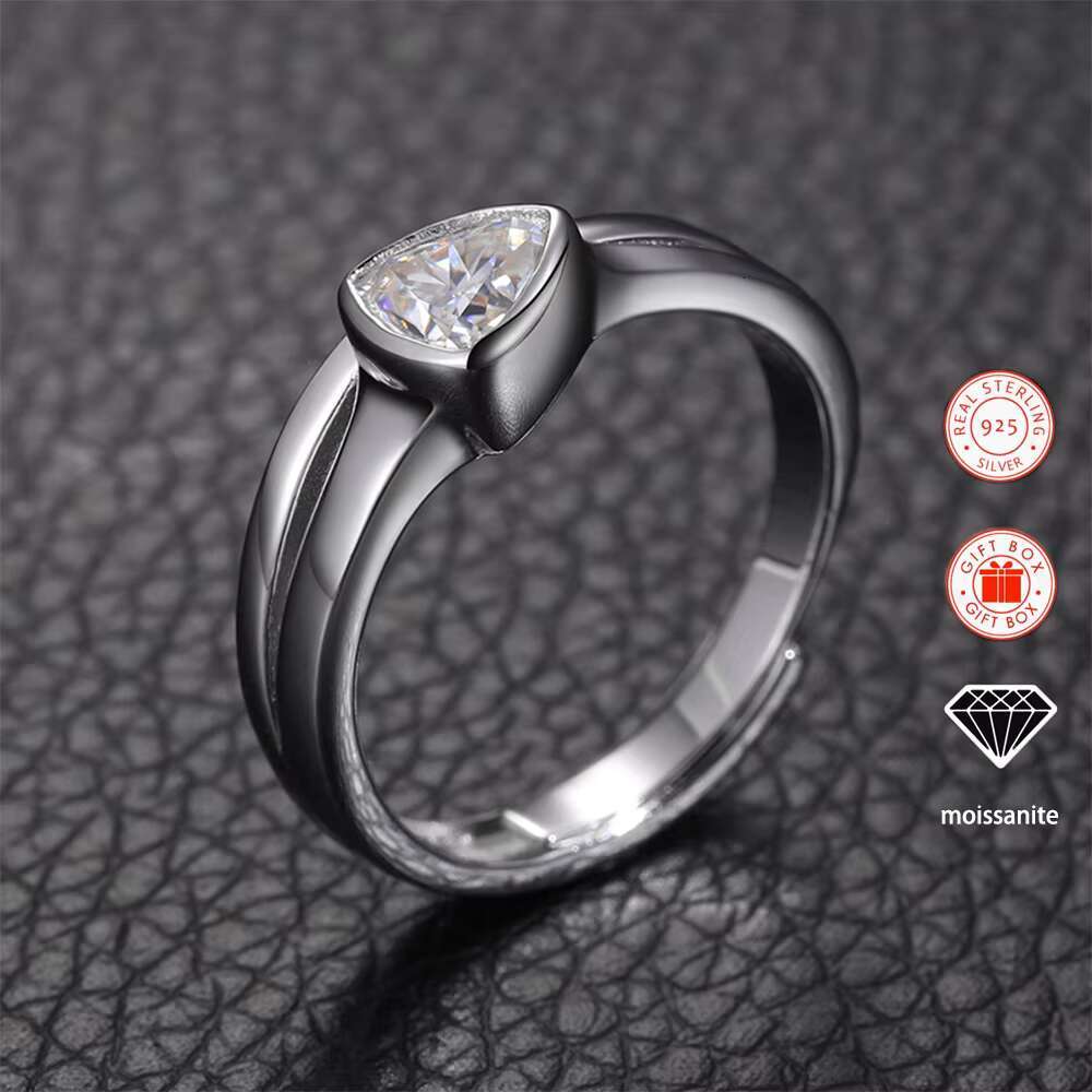 925 Silver Moissanite Bead Decor Opening Adjustable Ring for Men