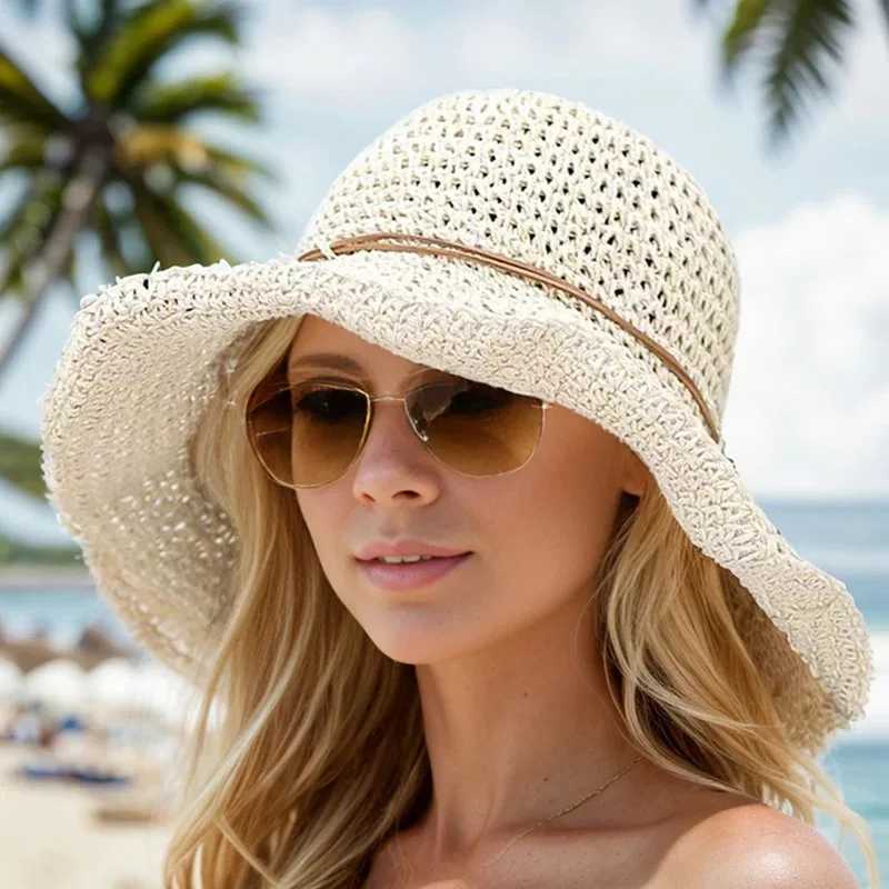 New Arrival Fashion Sun Straw Hat Women Crochet Womens Seaside Foldable Weave Wide Brim Real Cap Floppy Trilby Bow Summer Beach Sun Hat U250616
