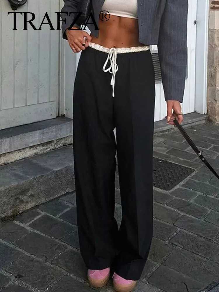 TRZA 2024 Woman Casual Trousers Chic Patchwork Loose Womens Long Pants High Waist Wild Comte Woman Wide Leg Pant StreetwearXJ250616