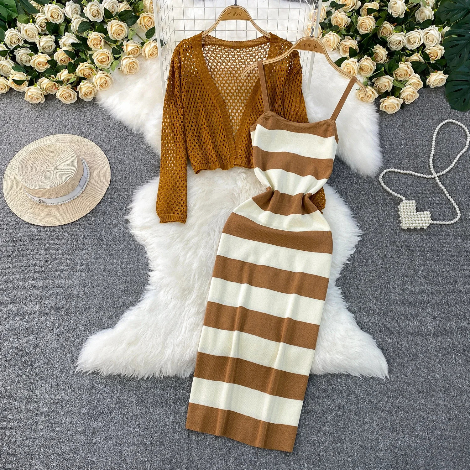 2025 Summer Women Hollow Out Knitted Solid Cardigan Tops Elatic Waist Bodycon Striped Strap Dress Two Pieces Sets 250609