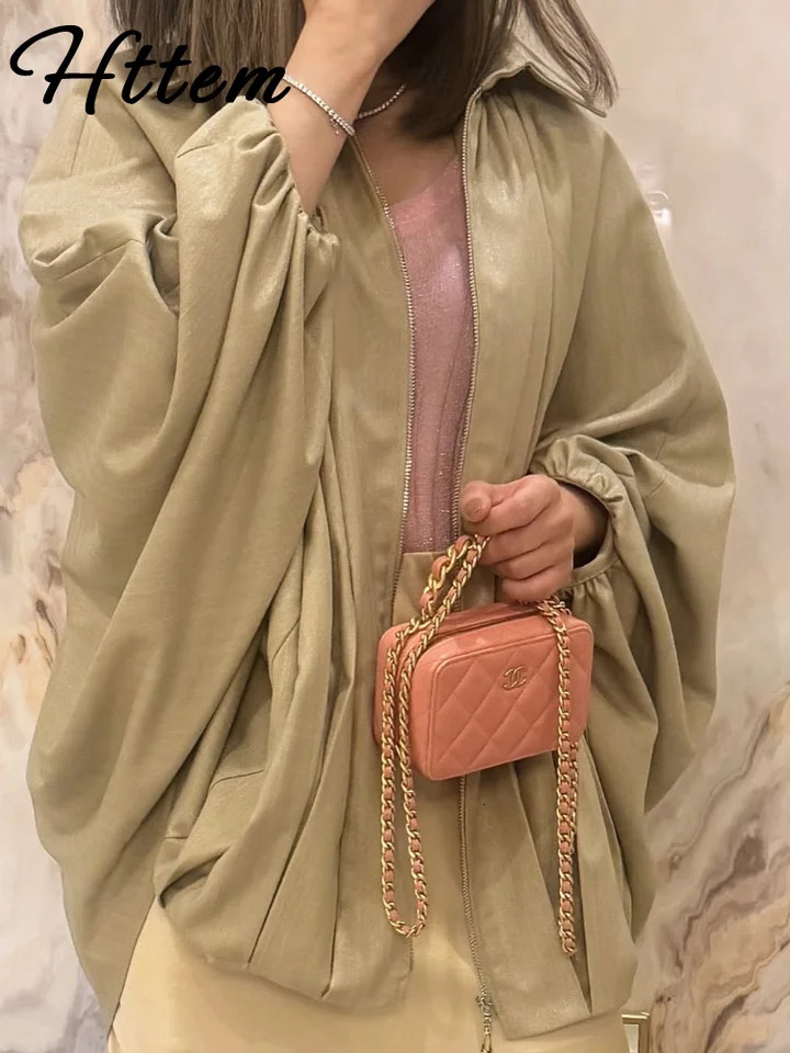 Casual Green Jacket Women Loose Pleat Lapel Zipper Batwing Long Sleeve Bomber Coat Female 2025 Fashion Lady High Street Outwears 250614