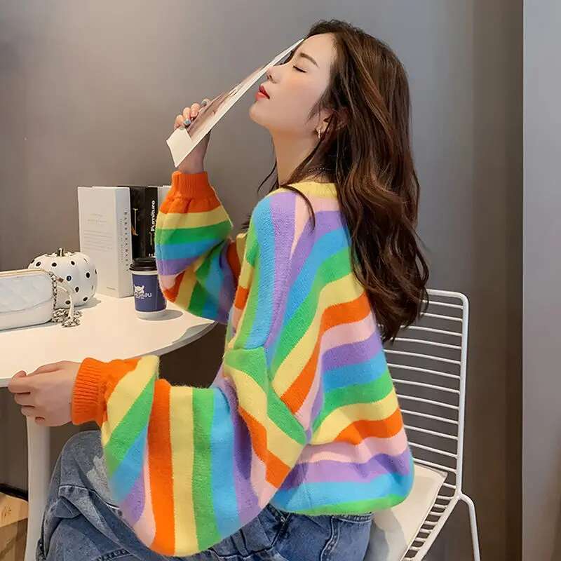 Cute Knit Tops for Woman Kawaii Womens Sweater Striped Pullover New In Korean Luxury Promotion Harajuku Fashion Warm Style Tall