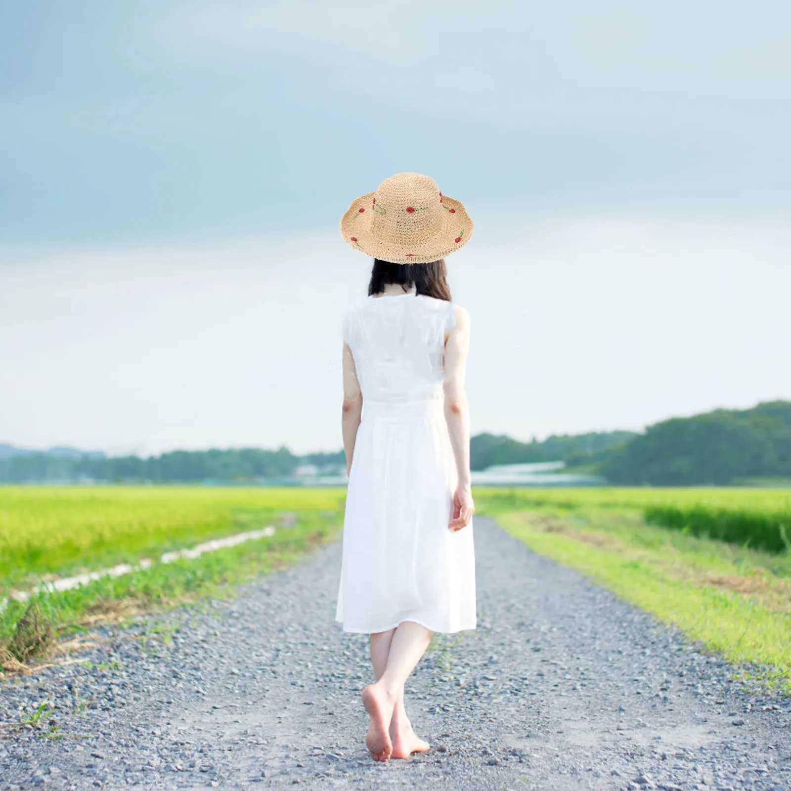 Straw Sun for Women Beach Vacation Wide Brim Bucket Hat Beige Woven Cherry Summer Fashion Comfortable Breathable Sun M250616