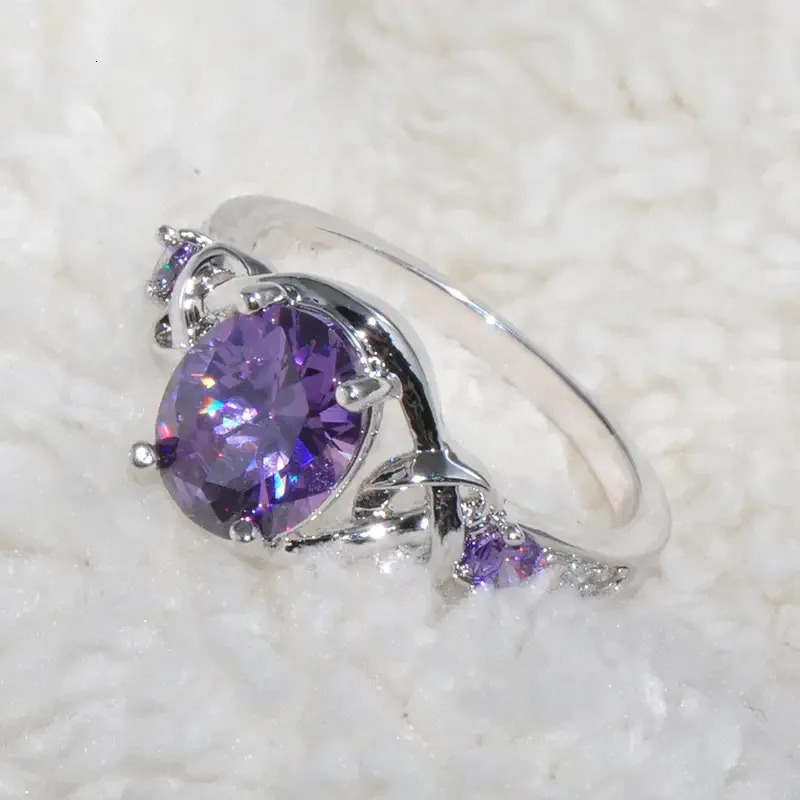 925 Sterling Silver Purple CZ Rings for Women Elegant Engagement Wedding Anniversary Party Accessories 250610