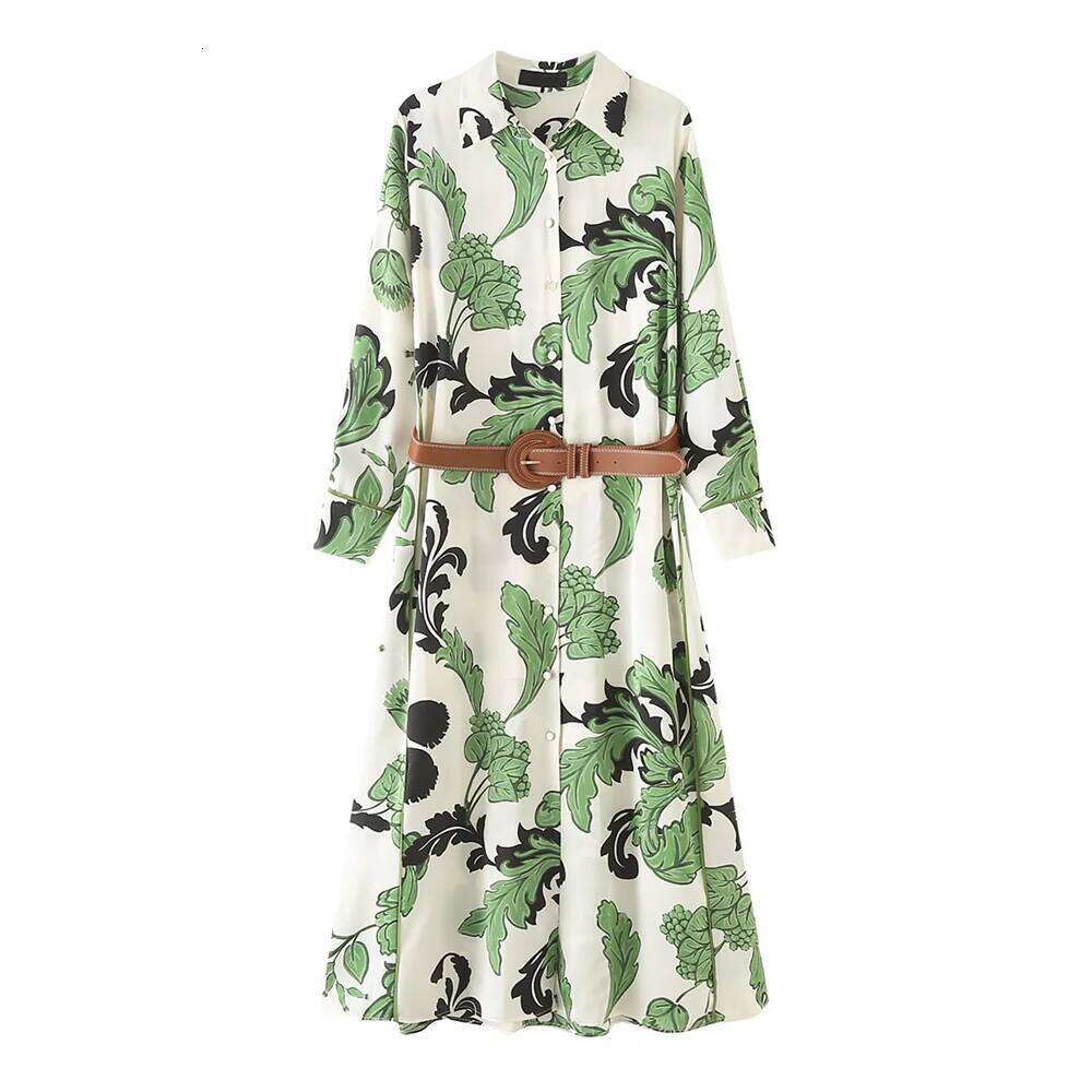 2025 Spring New Women's Casual Slim Flip Collar Long Sleeves With Belt Printed Shirt Style Dress