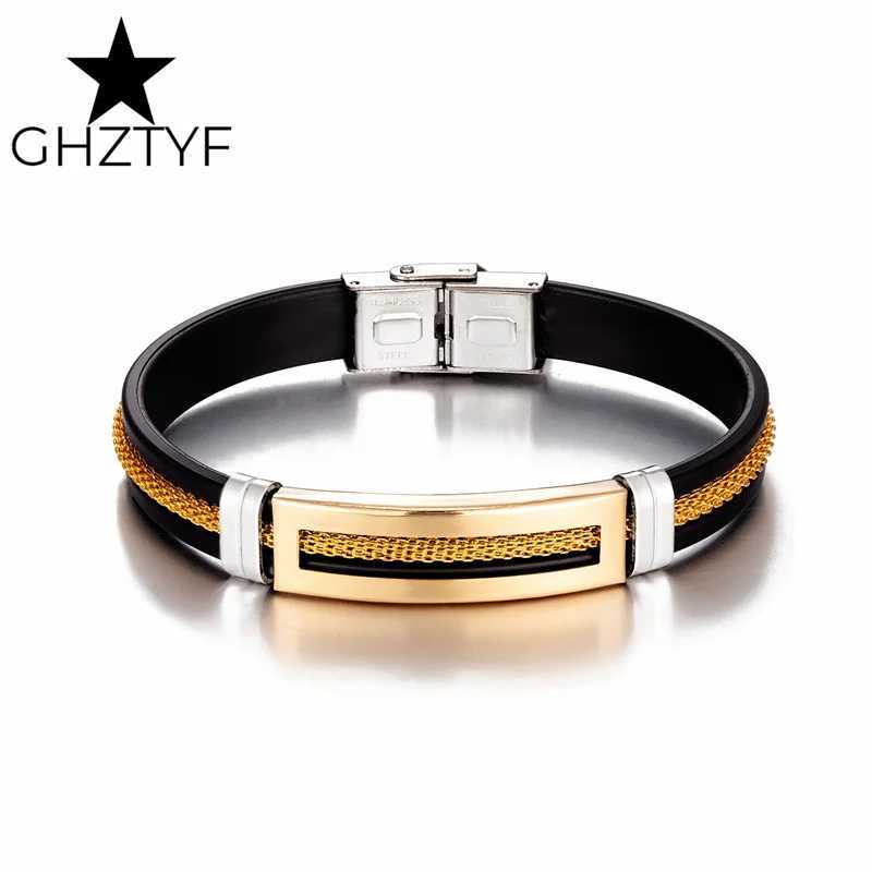 Golden Chain Stainless Steel for Men Women Teens Black Rubber Belt Wristband Cuff Bangle Male Hand Jewelry Gifts Z250616