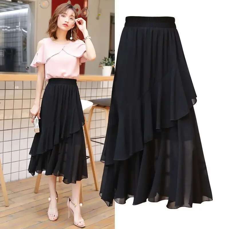 Woman Skirt High Waist Black Ruffle Skirts for Women Modest Summer 2024 Harajuku Clothing Trend Aesthetic Quality Luxury Elegant