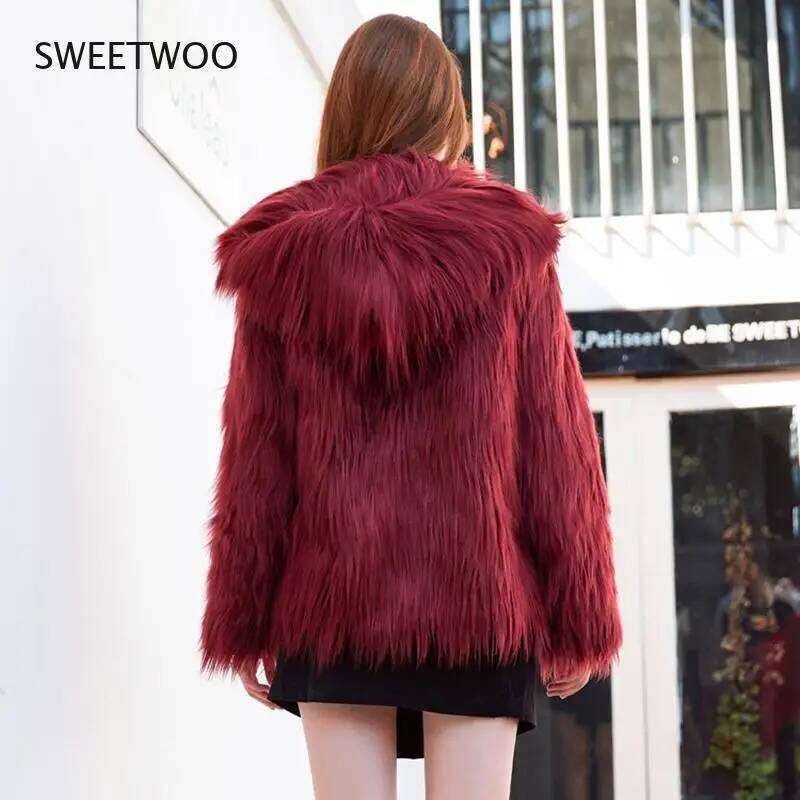Fluffy Faux Fur Coat with Hood Women Winter Loose Plush Purple Grey Green Red Jacket Ladies Chic Fashion Parka Outwear