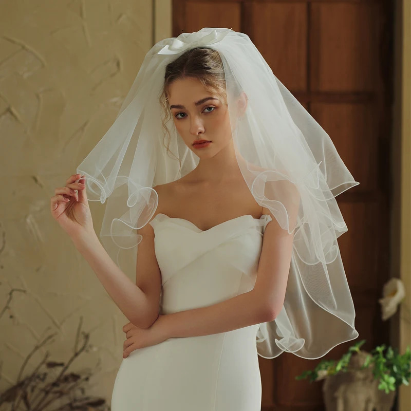 V377 three-layer curled girly veil white short wedding po styling prop hair clip style wedding dress wedding accessories 250610