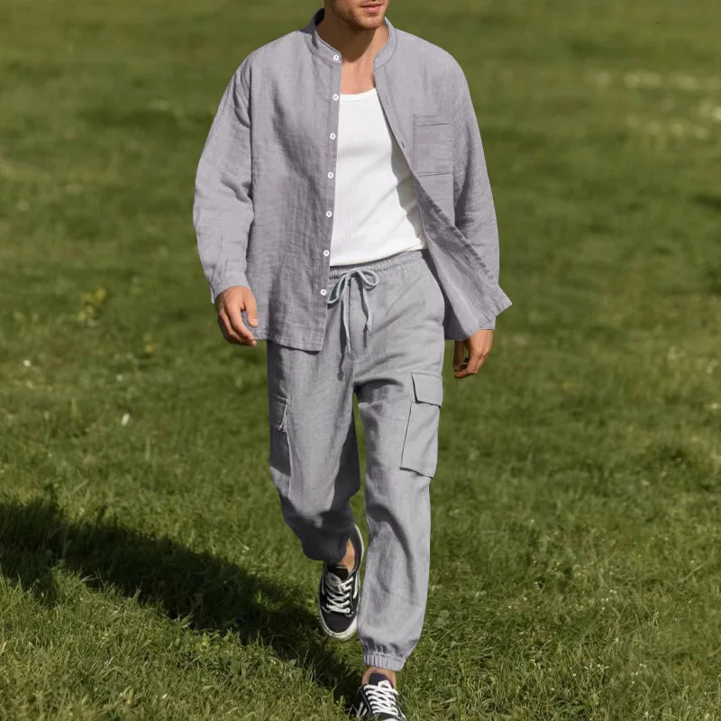 Spring and Summer Mens Linen Button Long Sleeved Shirt Pants Set Fashionable Casual Breathable Quick Drying 2Pie 250612