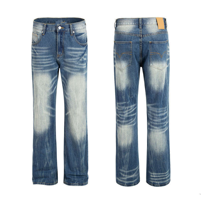 25FW American Style INS Casual Loose Washed Blue Flared Straight Jeans for Men