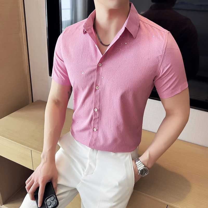 Mens Shirt 2025 Summer New Korean Fashion Short Sleeved Shirt Starry Sky Hot Stamping Casual Solid Color Top Social Shirt W250616