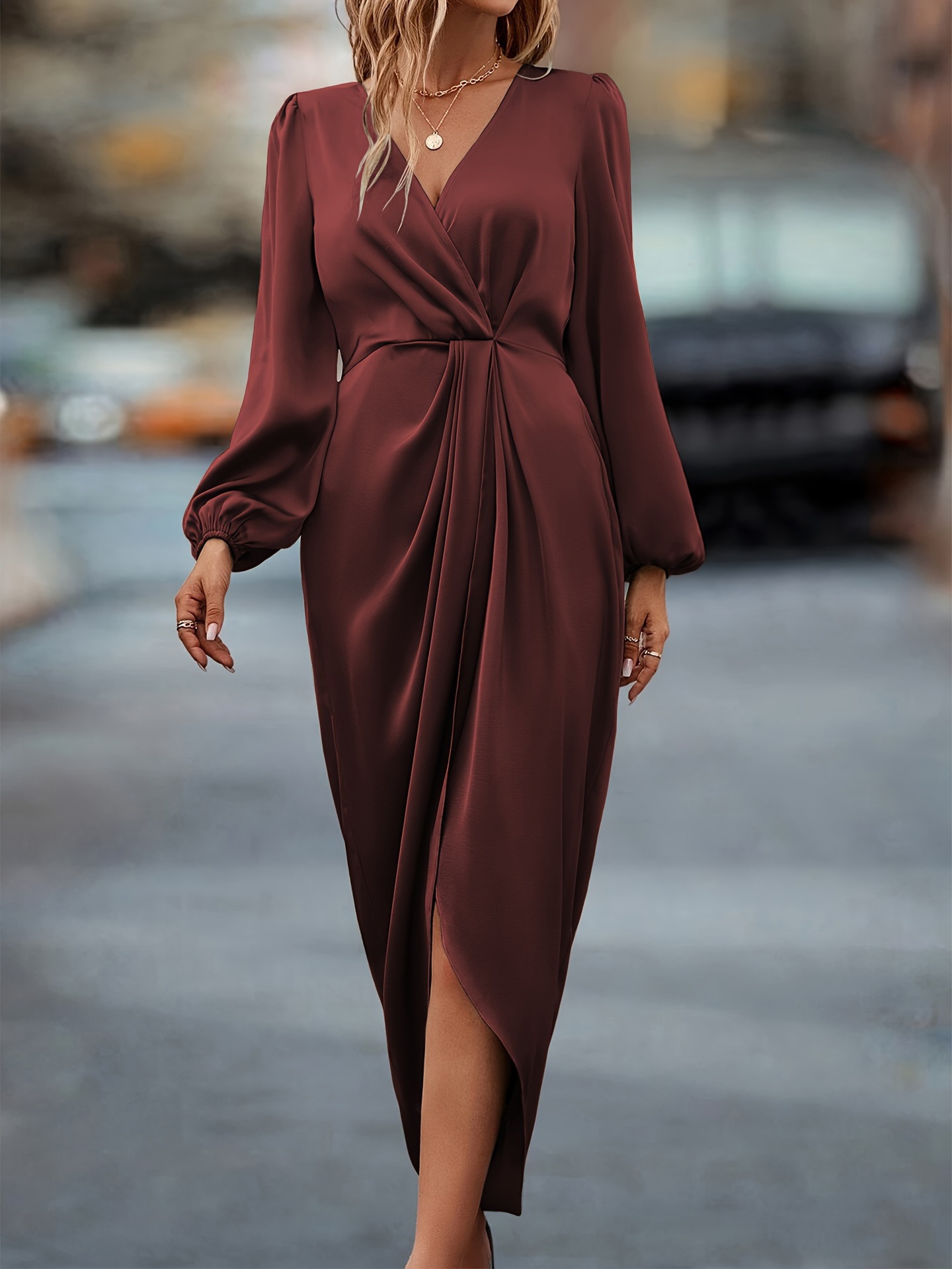 S615European and American cross-border women's clothing elegant commuting cross-neck pleated slit puff sleeve irregular long-sleeved dress