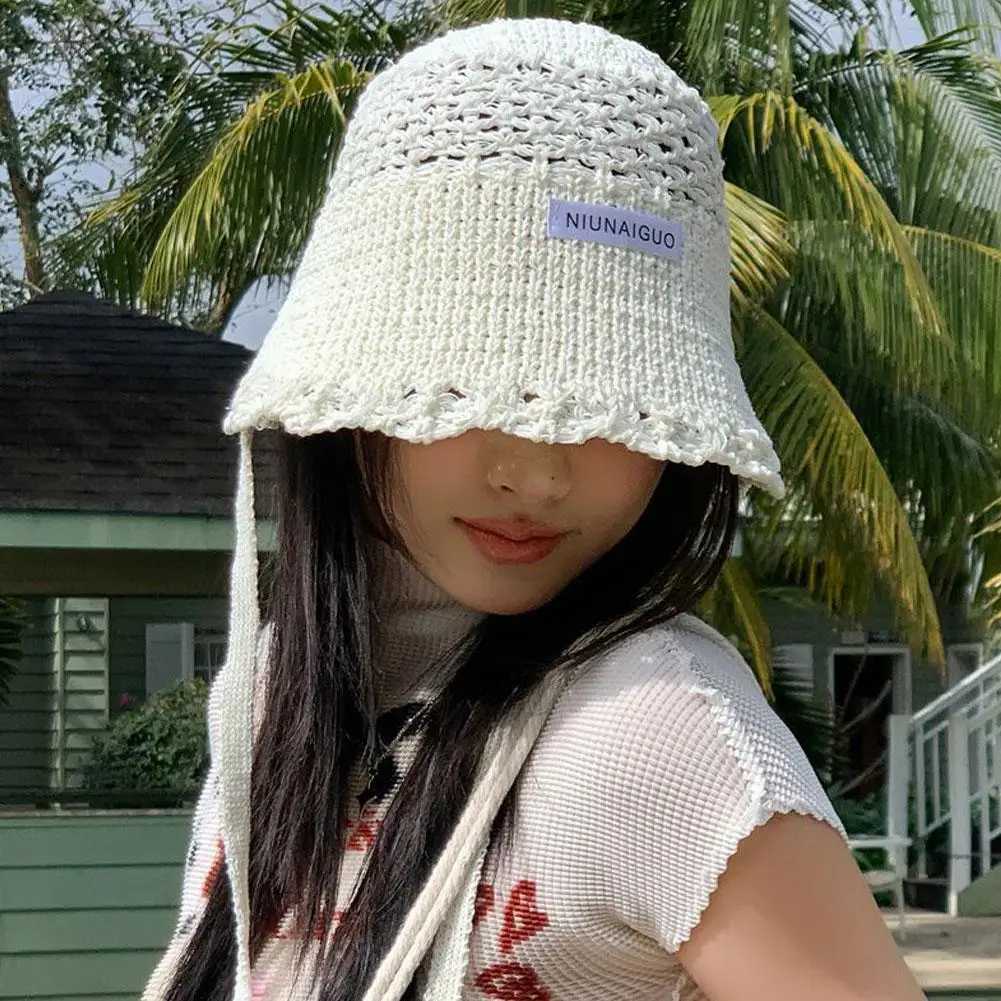 Korean Style Womens Fisherman Bucket Hat Breathable Lace-Up Sun Hat with Wide Brim Lightweight Knitted Summer Beach Hat M250616