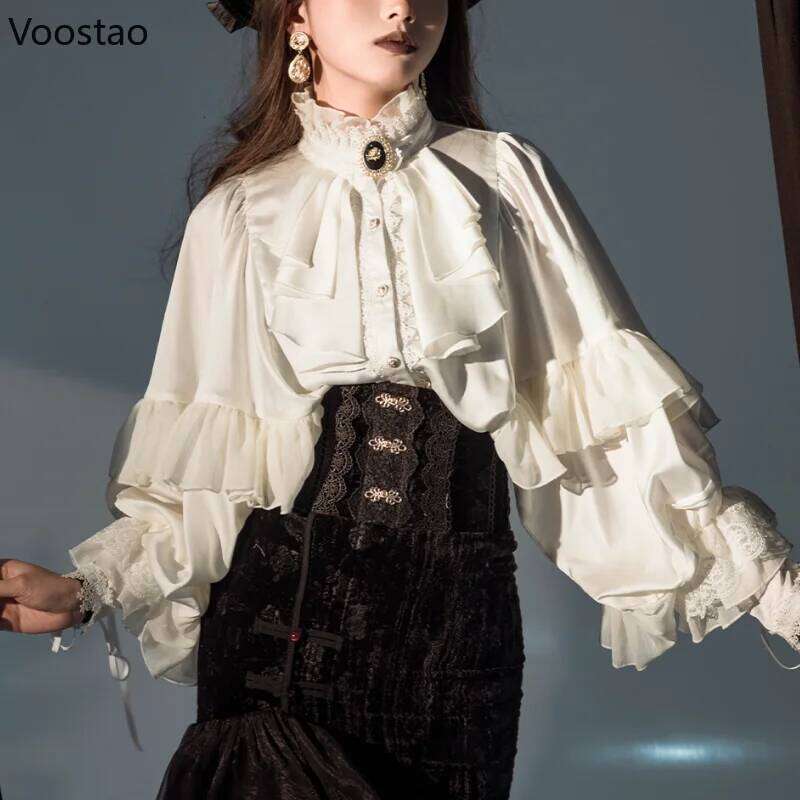 Victorian Gothic Vintage Lolita Shirts Women Elegant Lace Patchwork Batwing Sleeve Blouse Tops Female Y2k Aesthetic JK Blusas