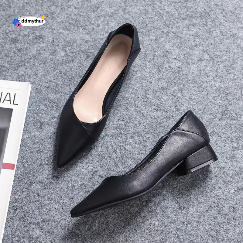 Pointed Toe Single 2023 Office Leather Thick Heel Comfortable Women's Professional Work Shoes Black ddmythur