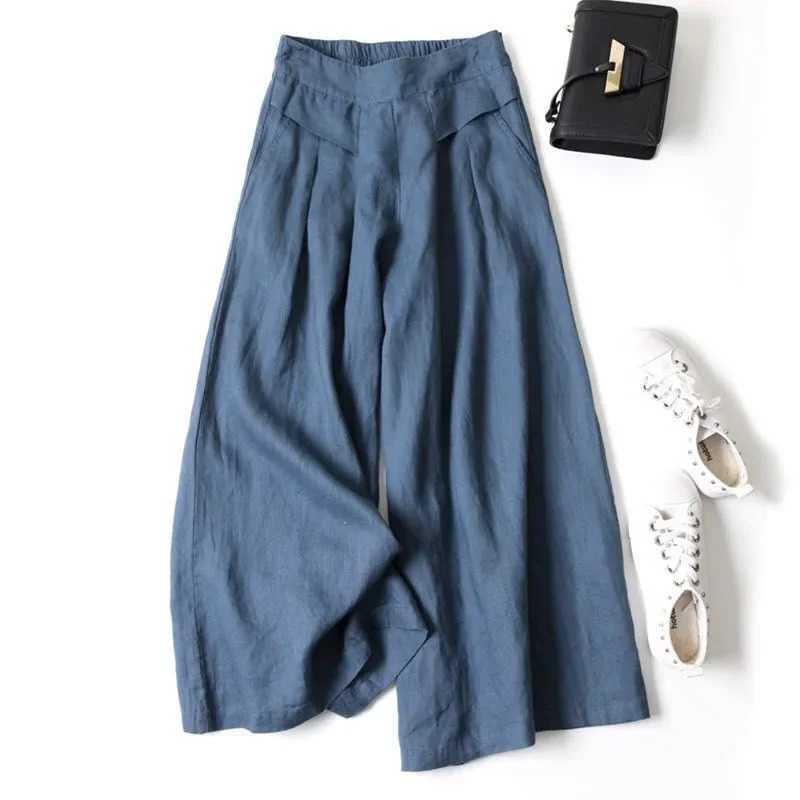 Cotton Linen Ankle Length Pants for Women Summer Thin Casual Pants Fashion High Waist Solid All Match Loose Wide Leg TrousersXJ250616