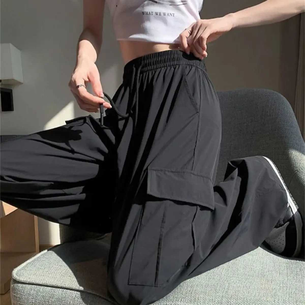 High Waist Baggy Cargo Pants Women Spring Summer Wide Leg Straight Solid Trousers Lady Casual Vintage Elastic Pant Streetwear XJ250616