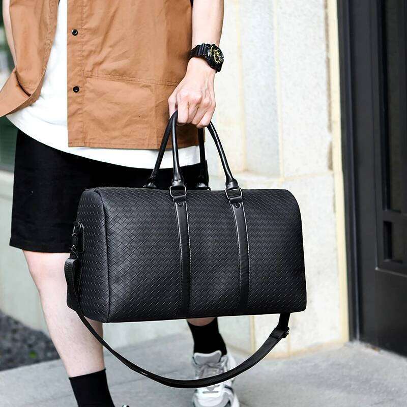 Large capacity black woven leather men's and women's travel handbag shoulder crossbody bag large size lage sac de voyage
