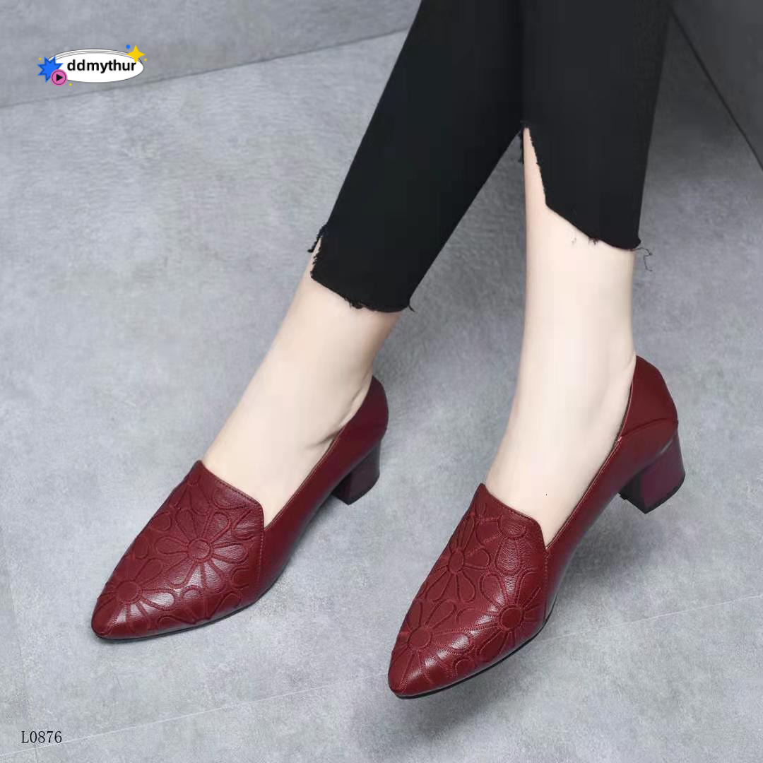 2024 Deep Mouth Pointed Toe Fashion Mid-Heel Work Internet Celebrity Wedge Spring and Autumn Embroidered Single Shoes for Women ddmythur