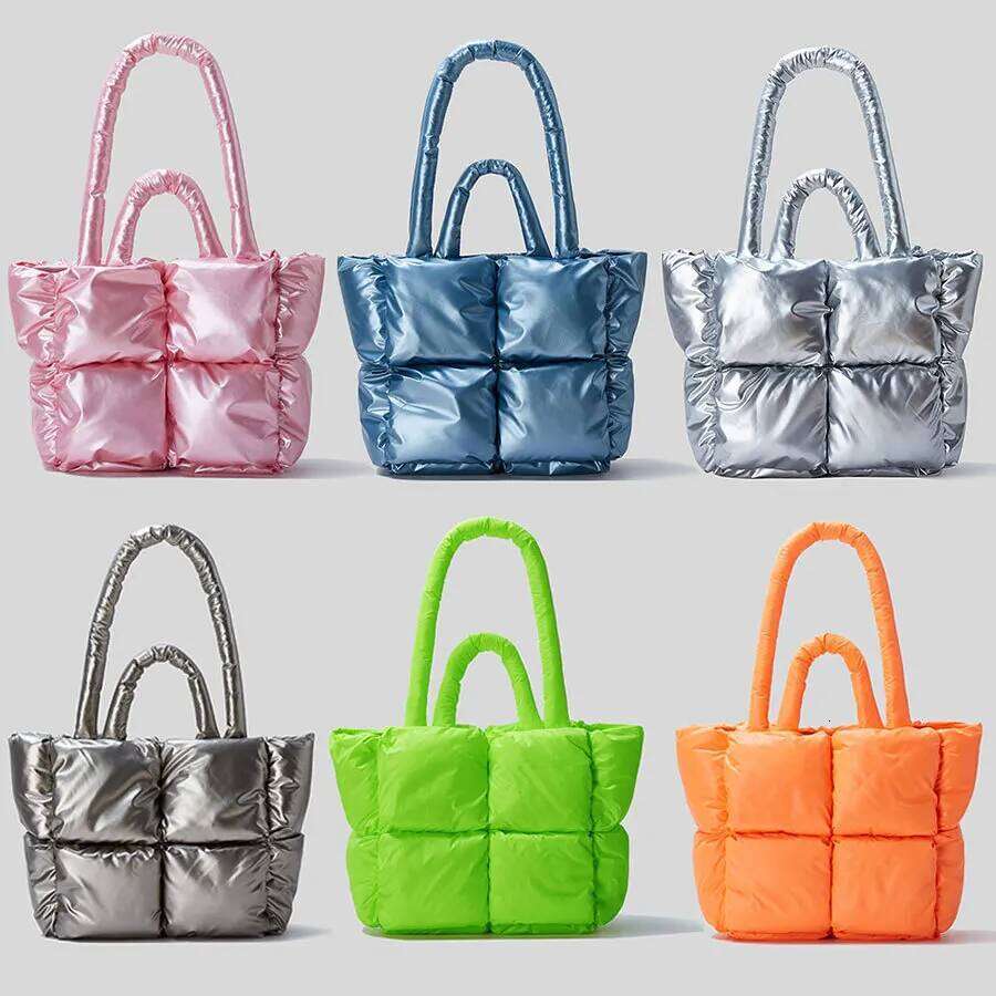 Fashion Fluorescent Green Padded Women Shoulder Bags Designer Quilted Handbags Laser Nylon Large Capacity Tote Bag Winter
