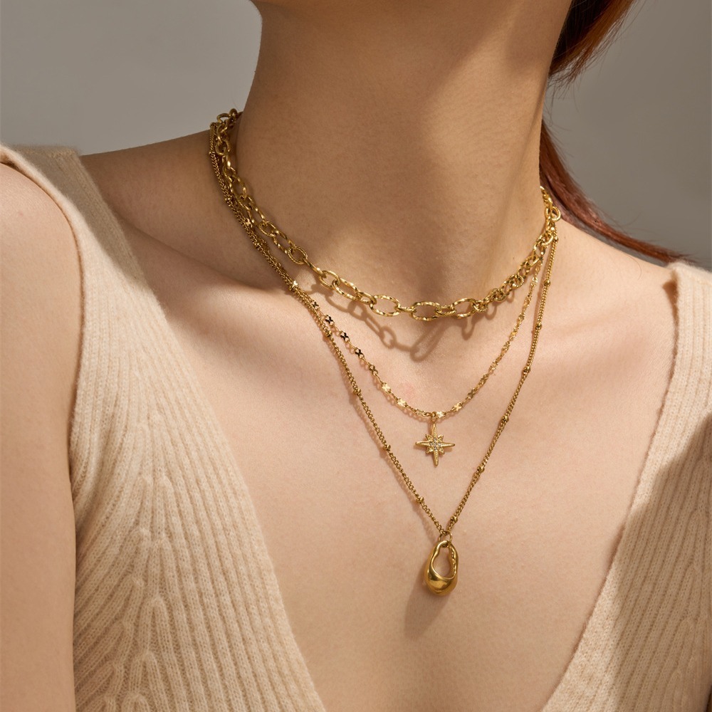 Light Fashion Personality Dia-Studded Eight-Pointed Star Irregular Layered Necklace for Women Titanium Steel Non-Fading Jewelry