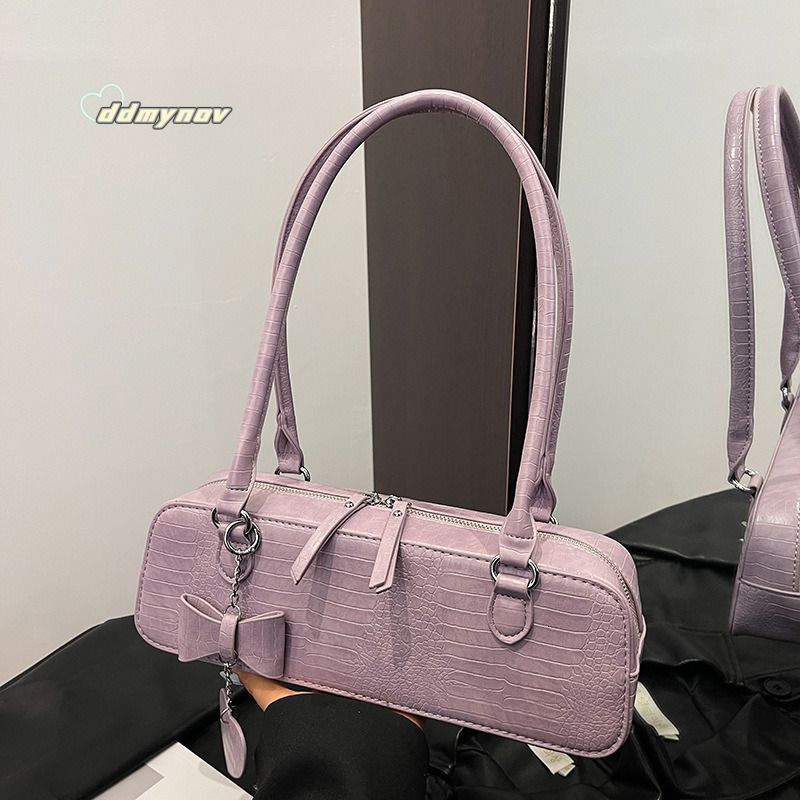French Style Light Luxury Niche Underarm for Women 2025 Summer Fashion Bowknot Versatile Textured Shoulder Baguette Bag ddmynov ddmynov