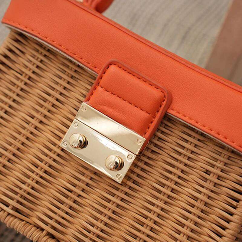 Trend Women's Straw Square Handmade Woven Tote PU Leather Top Handle Rattan Purses Boxes Lady Summer Beach Basket Bags