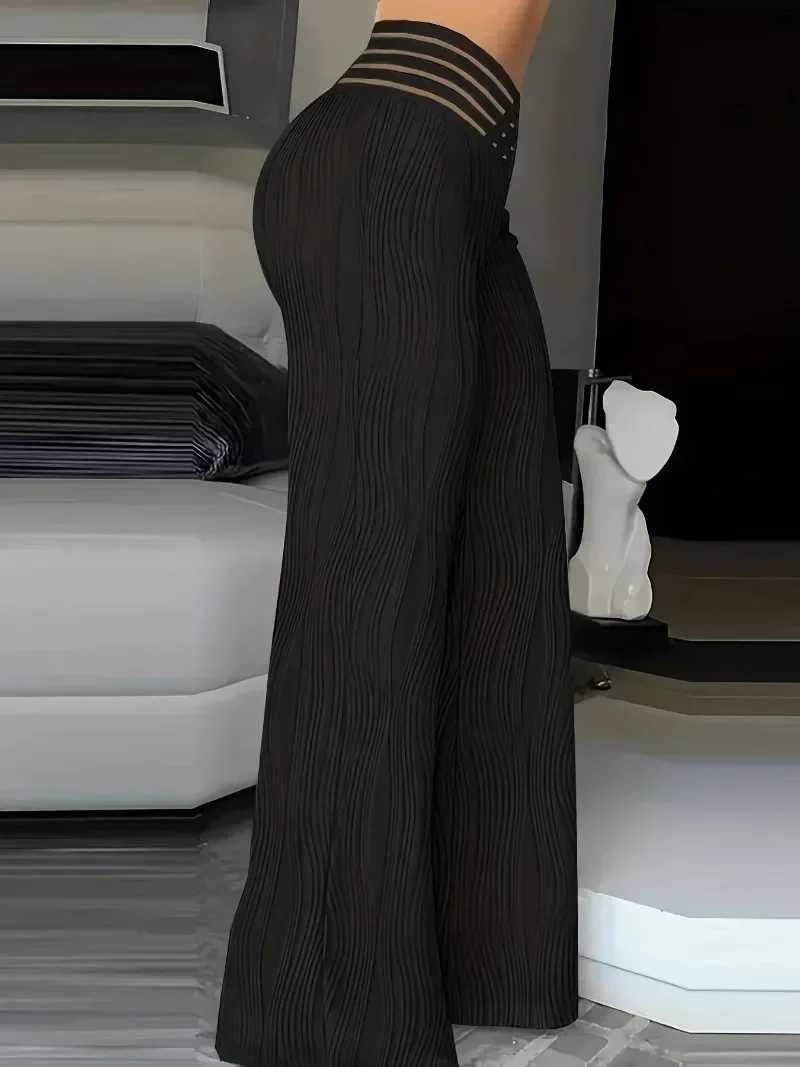 Plus Size 1XL-5XL Womens Fashion Comfortable Transparent Mesh Patchwork High-Waist Pants Casual Pants Solid Color Flare PantsXJ250616