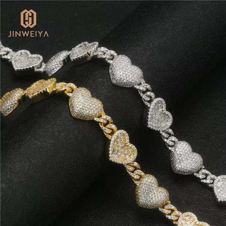 Unique Copper Iced out Hip Hop Heart Cuban Link Necklace Set Gold Plated Brass Jewelry Chain with Zircon Stone Heart