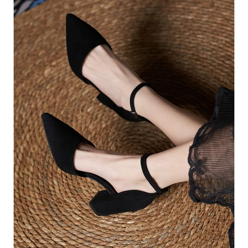31-44 Women Pumps Fashion Black High Heels Shoes Flock Pointed Sandals Summer Party Thick Heel Shoes Ladies Wedding Shoes 250614