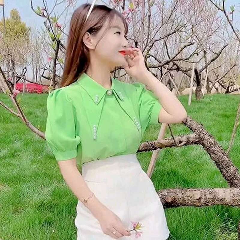 Clothes Chiffon Womens Shirt Blouse Collar Tops for Women Office Outfits with Puffy Sleeves Wear To Work Formal Green New 2025