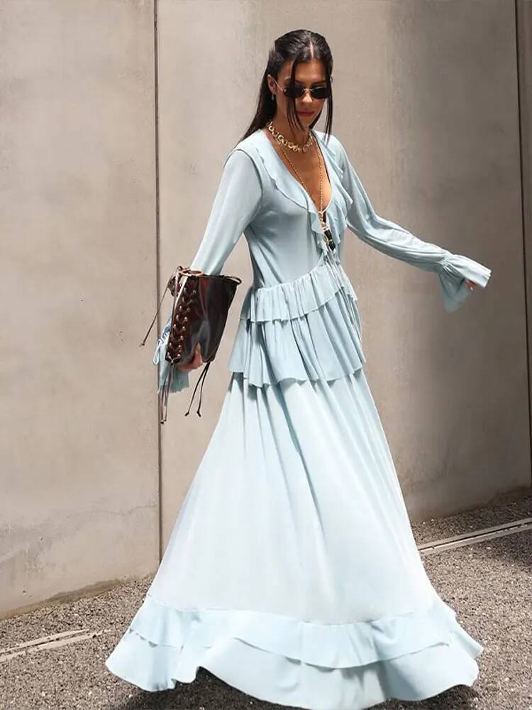 Designer Ruffles Shirt Skirt Suits Women V-Neck Lace Up Flare Long Sleeve Tops High Waist Irregular Hem Skirts Chic Ladies Sets