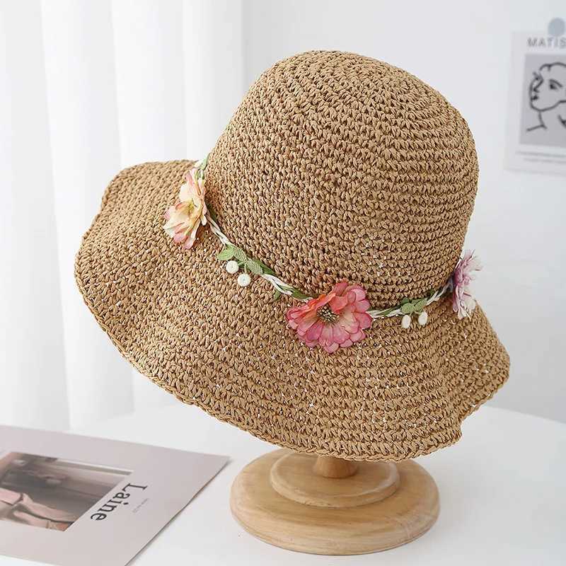 New Arrival Summer Hats For Women Flower Rope Wide Brim Sun Hat Lady Foldable Sunhat Sunscreen Beach Accessories Seaside Holiday New U250616