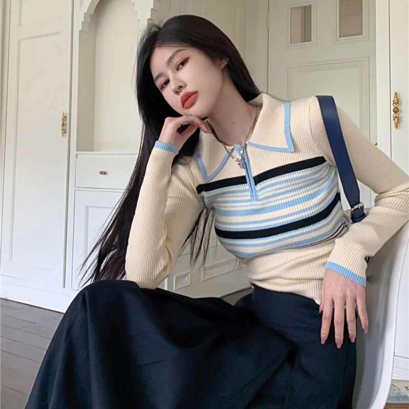 Clothing Long Sleeve Striped T-shirt Woman Knit Luxury Sale Aesthetic V Summer 2025 Tops New Cute Polo Neck Shirts for Women Hot