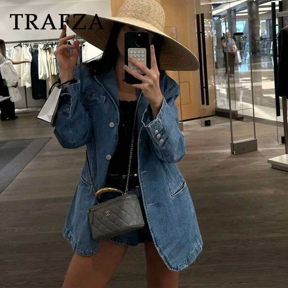 TRAFZA 2024 Spring Summer Casual Women Denim Fashion Vintage Solid Shrug Loose Single Breasted Chic Ladies Blazers