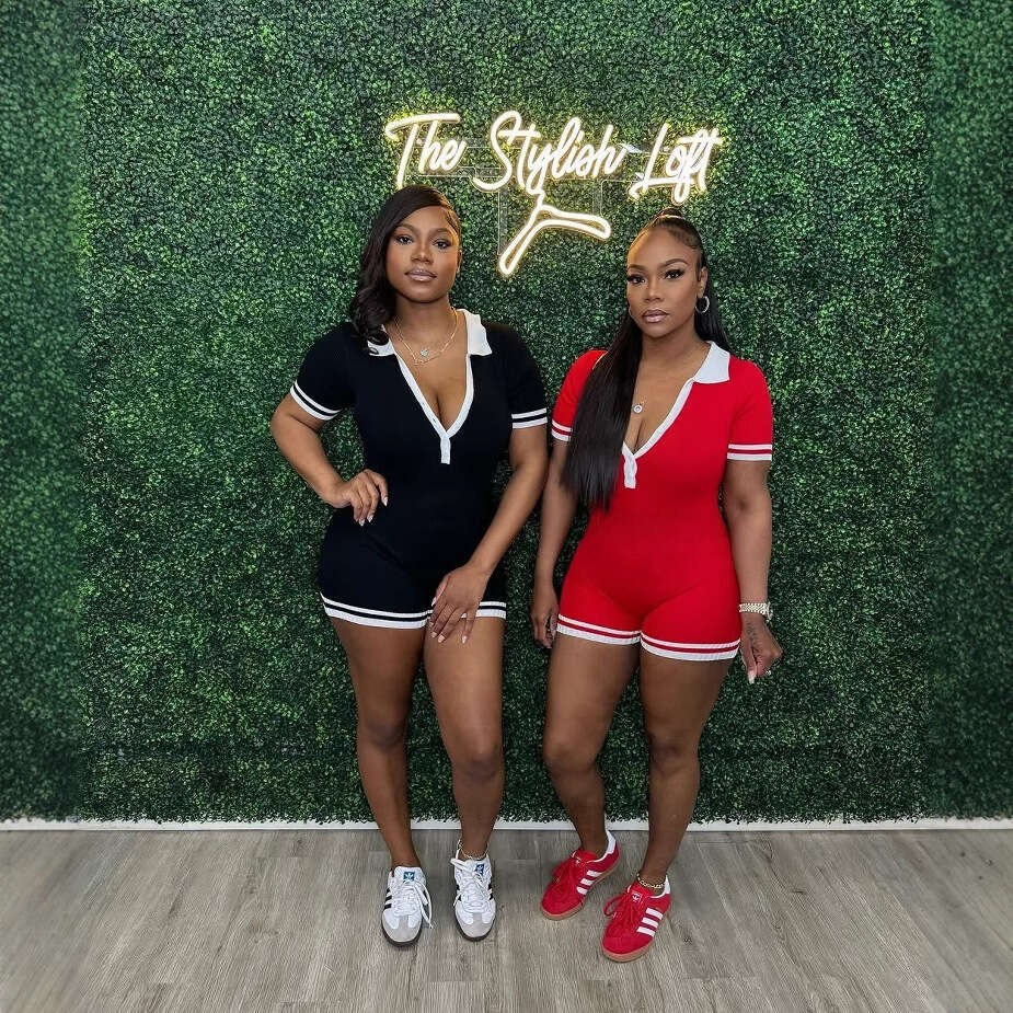 Summer New American Casual Solid Color Sexy Jumpsuit With Button V-Neck Short Sleeves B5