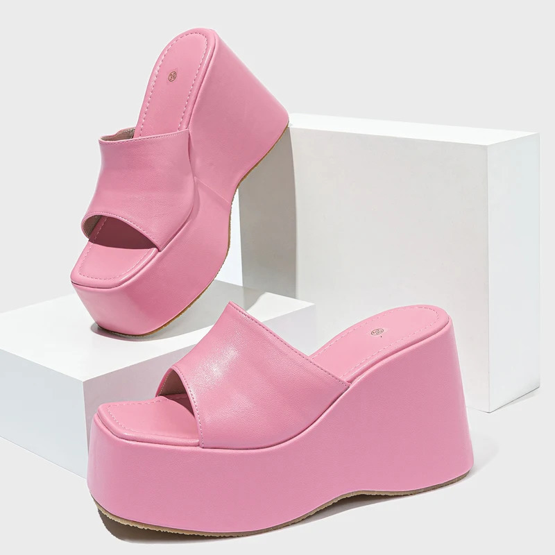 Eilyken Summer Square Toe Platform Wedges Womens Slipper Shoes Fashion Thick Bottom High Heels Banquet Female Sandals 250614