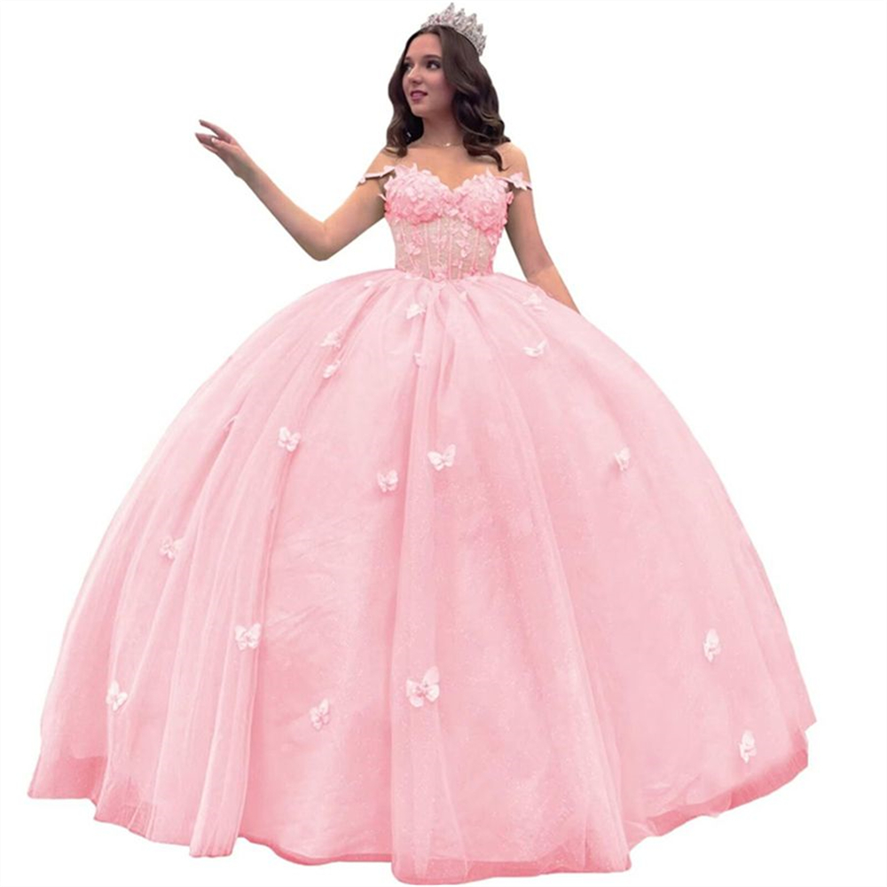 Ball Gown Quinceanera Dresses Spaghetti-strap Illusion Butterfly Appliques Bow Lace-up Plus Size Sweet 15 16 Princess Birthday Party Gowns Vestidos De