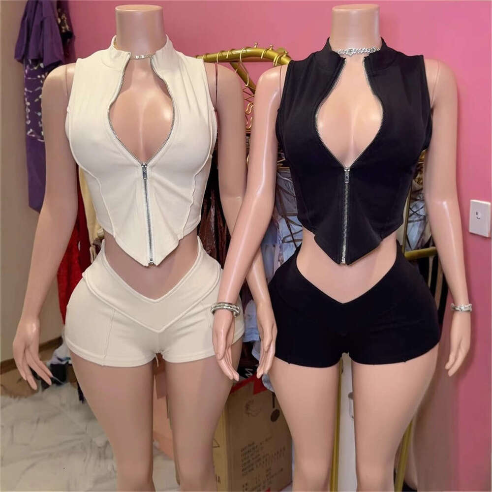 New Women's Sexy Fashion Sleeveless Zipper V-Neck Tube Top High-Waisted Shorts Set B5