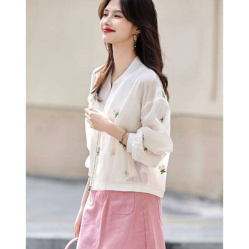 Women Spring Summer Korean Fashion Embroidered Solid Color Stand-Up Collar Coat Ladies Simplicity All-Match Office Lady Tops