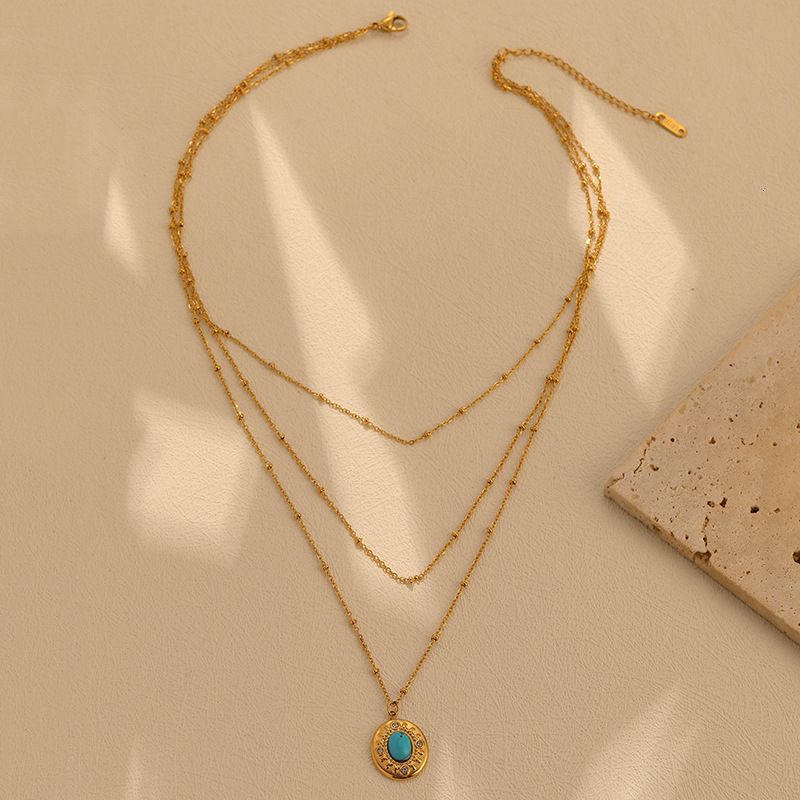 Fashion Style Simple Personality Inlaid Turquoise Oval Layered Necklace for Women Titanium Steel Versatile Jewelry