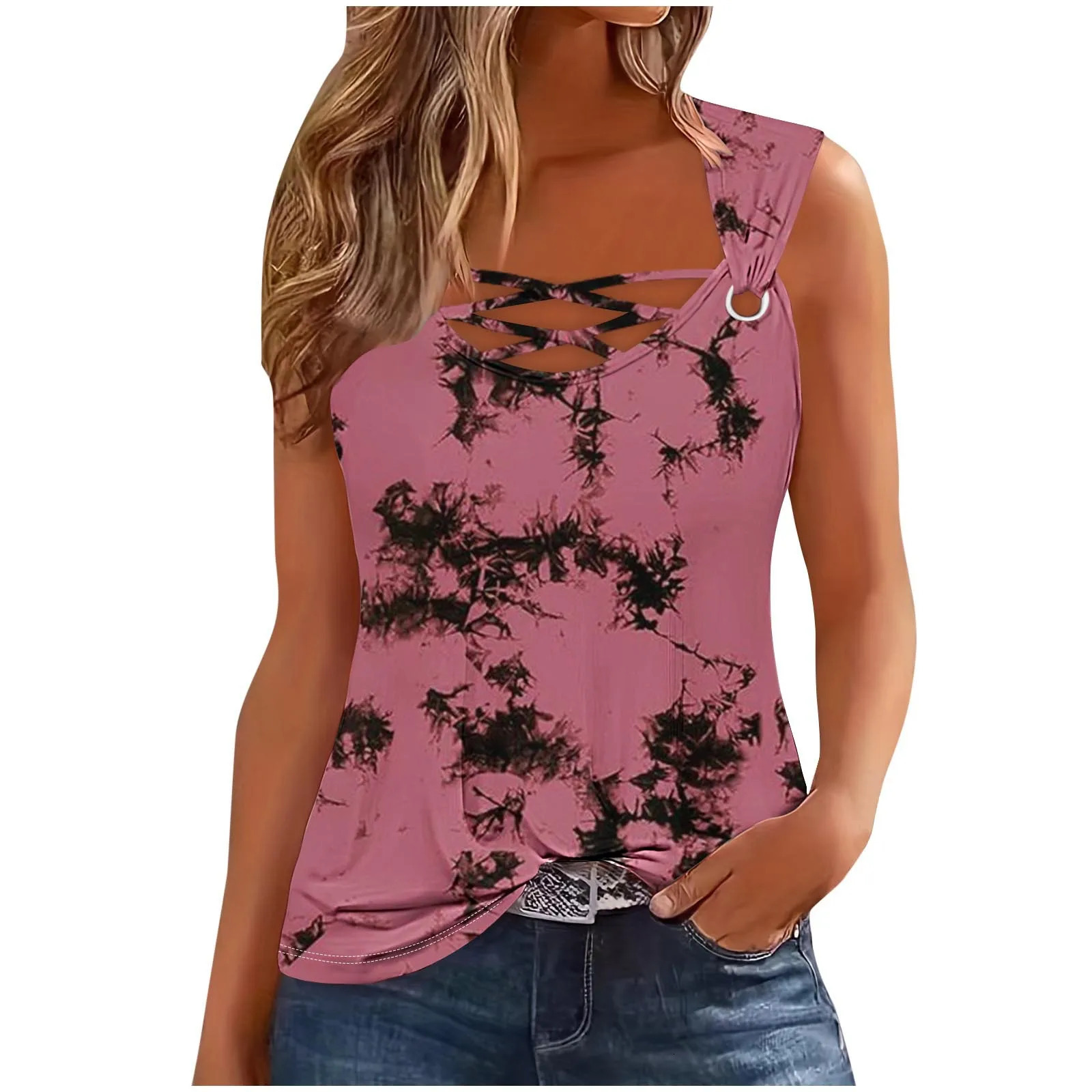 Summer Sleeveless Gradient T-shirt Casual Tshirt Women Tops Fashion Print Sexy Hollow Out T Shirt For Women Tank Top Femme 250614