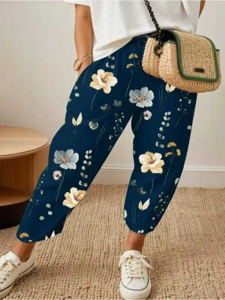 Womens Fashion Summer Plus Size 1XL-5XL Floral Print Straight Elastic Drstring Pocket Pants Ladise Casual Versatile PantsXJ250616