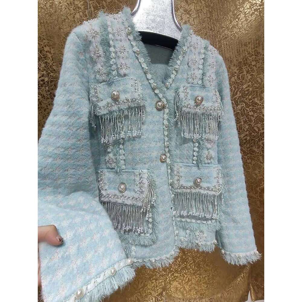 3D Flowers Embroidery Tassels Pearls Beaded Tweed Jacket Thick Lace Floral Dias Weave Cardigan Coat Fringed Edge Tops