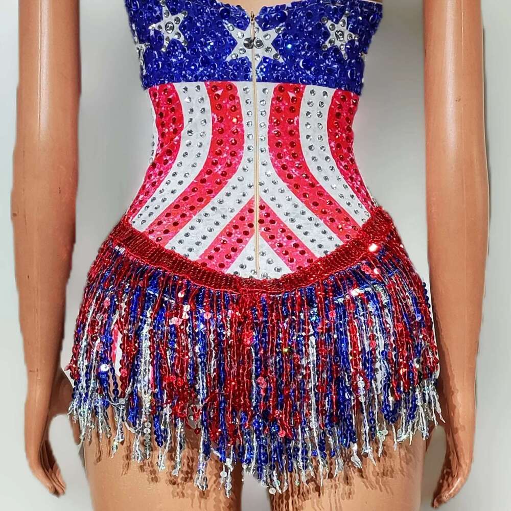 Women Beading Tassel Bodysuits Spaghetti V Neck Special Occassion Topic Evening Party Nightclub Stage Costumes