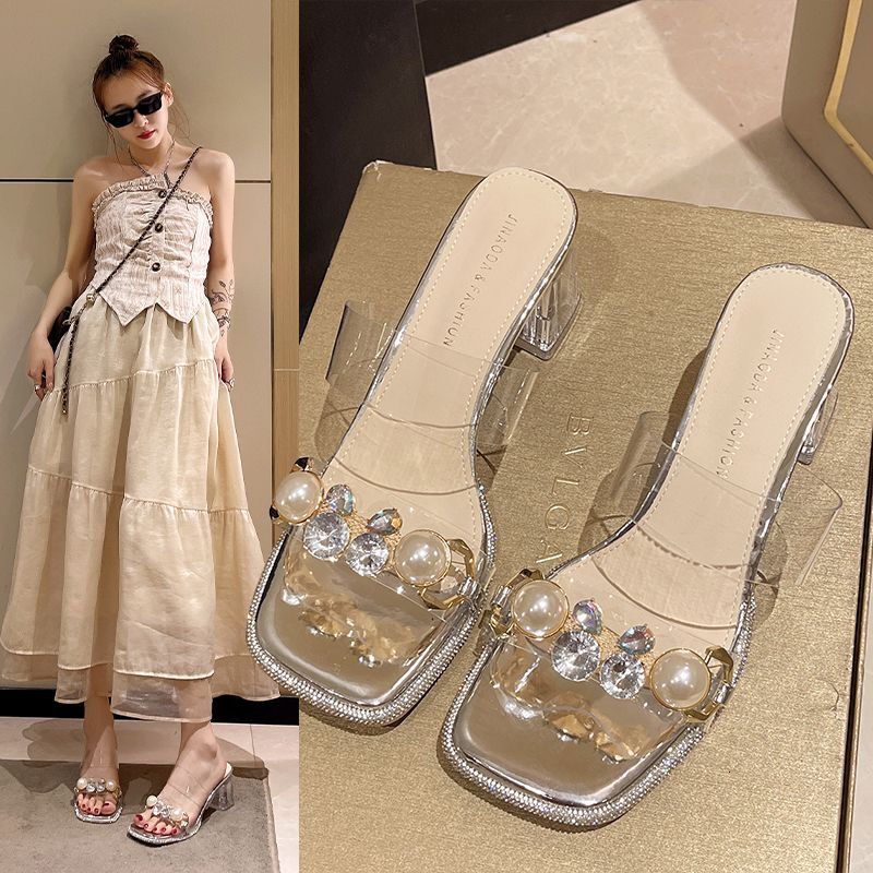 Transparent high heels, thick medium shoes, slippers, outdoor summer pearl rhinestone women's sandals, designer sandals
