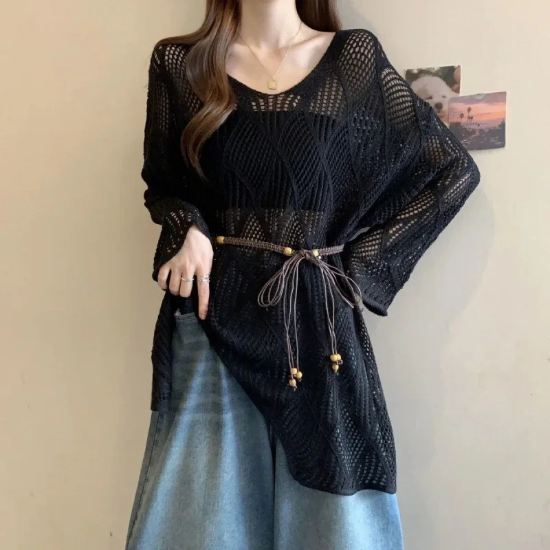 Plus Size Knitted Sweater with Belt Hollow out Fashionable Spring Summer Slimming Womens Top Full Sleeve round Neck 250614