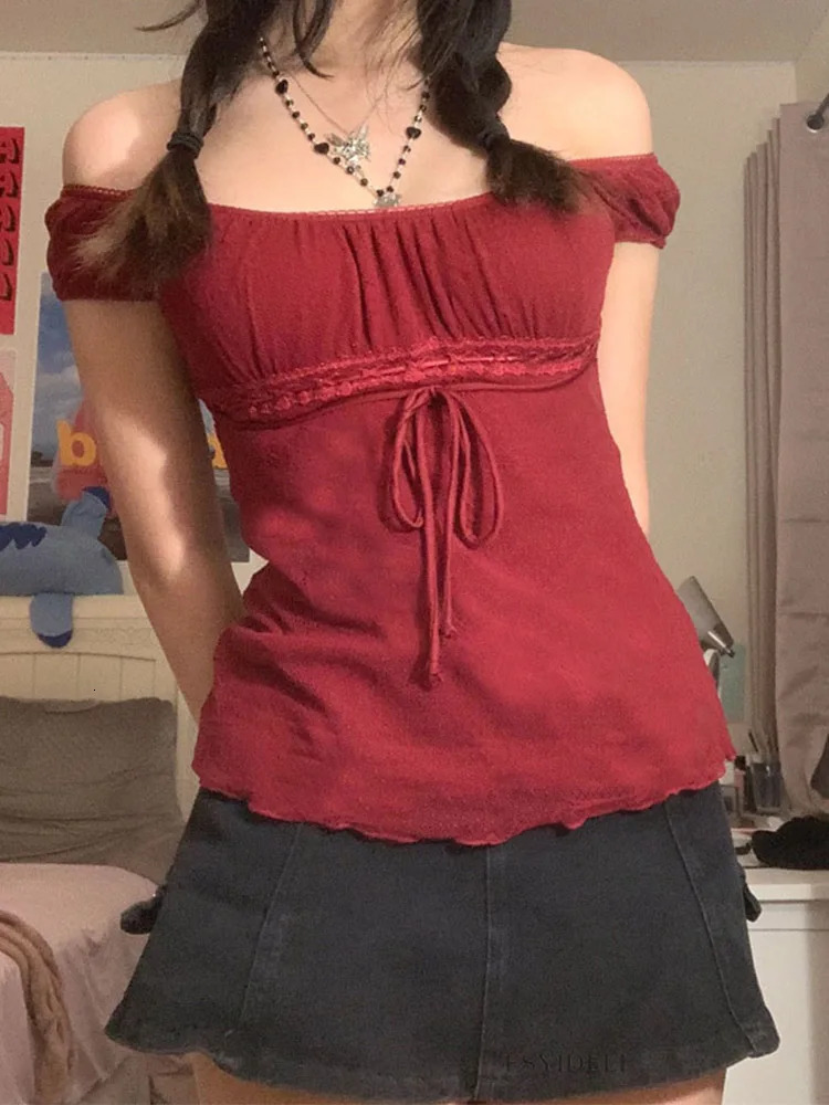 2000s Aesthetic Sweet Lace Tops Women Off Shoulder Drawstring T-shirt Korean Fashion Female Tee Fairy Grunge Streetwear 250614